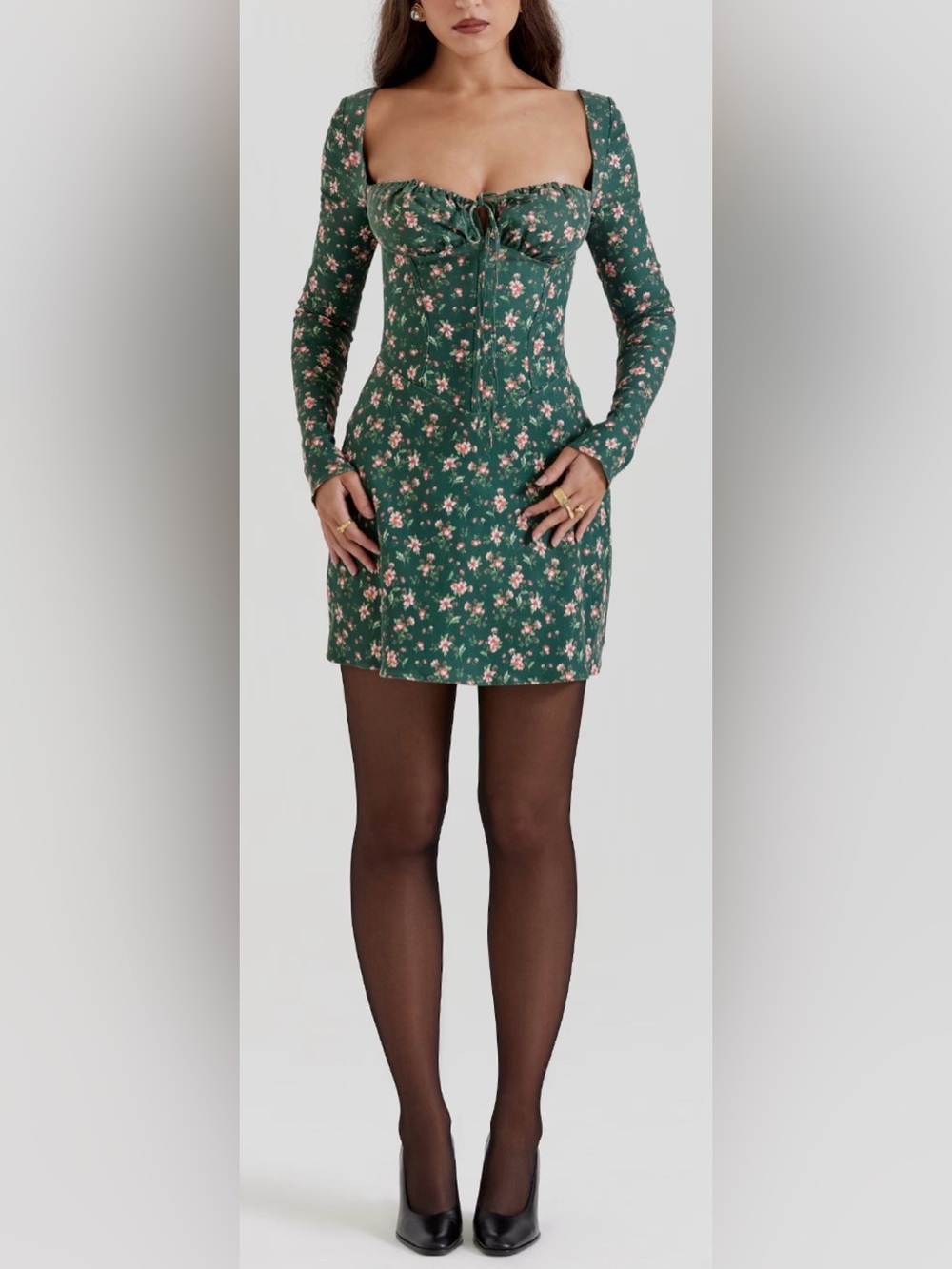 NEW House of CB MALIKA Green Floral Corset‎ long sleeve Mini Dress sz XS